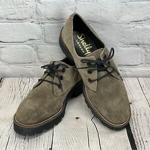 Shellys London Platform Oxford Shoes Women’s Size 36 US 5.5 Greenish Gray Suede